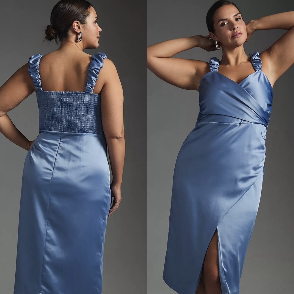 NWT Anthropologie Ruched Sweetheart Dress Blue Satin Size 1X